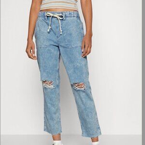 GAP Light Wash Denim Joggers | Elastic Waist Drawstring Distressed Jeans Size L